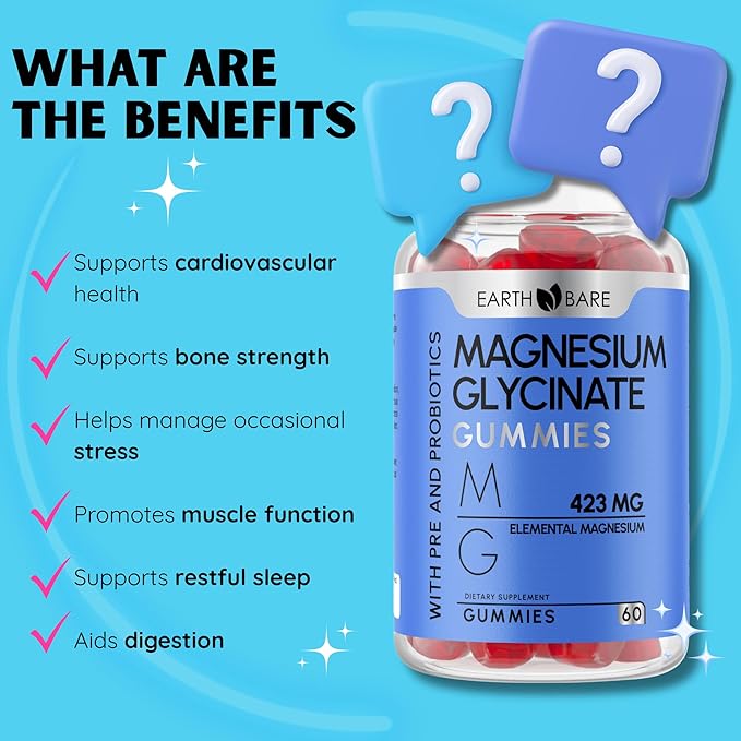 Magnesium Glycinate Gummies - High Potency Magnesium Supplement with Maximum 423mg of Elemental Magnesium Pre and Probiotics | Magnesium Bisglycinate for Superior Health Support | 60 Count