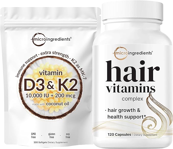 Micro Ingredients Vitamin D3 10000iu + K2 200mcg Coconut Oil Softgels &amp Hair Vitamins Complex Capsules Bundle 2 Pack | Essential Sunshine Vitamins | 14-in-1 Advanced Hair Growth Support