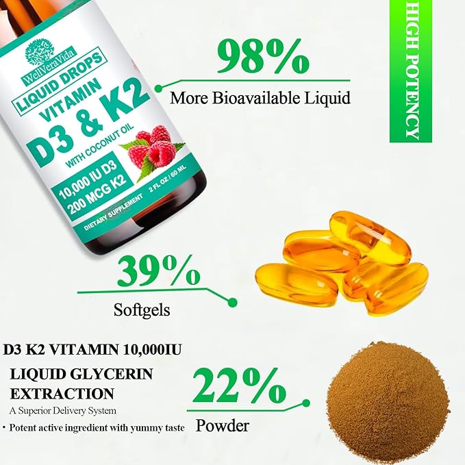 2 Pack D3 K2 Vitamin 10000iu Liquid Drop Vitamin D3 With K2 (MK-7)200mcg Coconut Oil 6X Stronger Than D3 K2 Sofegels Magnesium Zinc for Absorption -K2 D3 Supplement for Joint Teeth &amp Bone Healt
