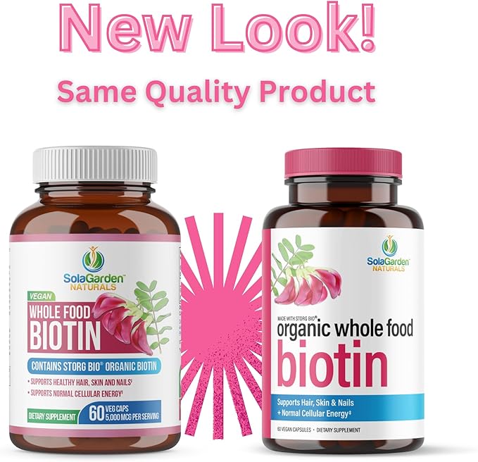 Whole Food Biotin Supplement - Contains Certified Organic Plant Based Biotin from Sesbania Agati Trees - by SolaGarden Naturals. May Support Hair Skin and Nails. 60 Non GMO Veggie Capsules.