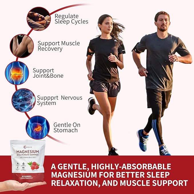 Hywebvctok 400mg Magnesium Bisglycinate Gummies with Vitamin B6 C D3 Promotes Muscle &amp Nerve Function Relaxation &amp Wellness Raspberry Flavor 60 Count