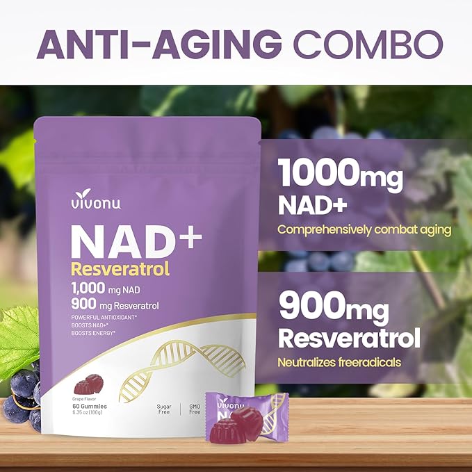 NAD Supplement NAD+ Resveratrol Gummies 60 Count Ultra Pure Organic - Enhanced Absorption - with 1000mg NAD and 900mg Resveratrol | Antioxidant Support &amp Cellular Energy (120 Gummies /2 Bags)