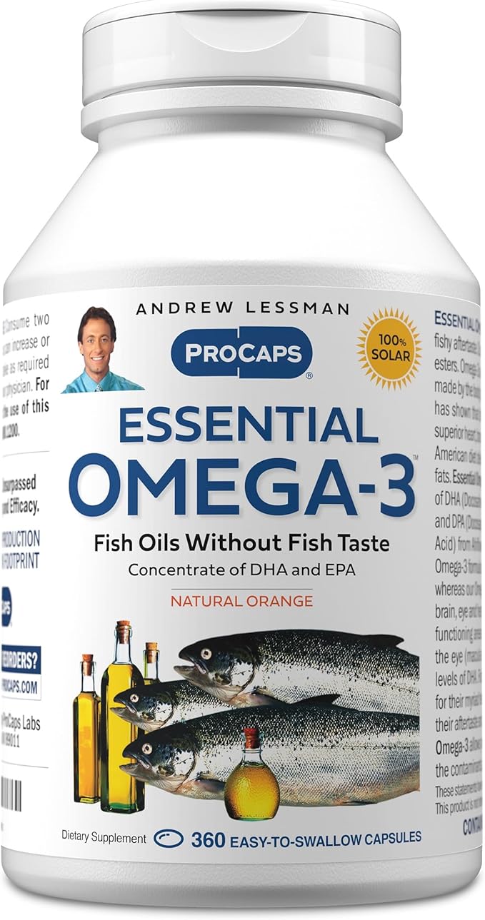 ANDREW LESSMAN Essential Omega-3 Orange - 360 Softgels - Ultra-Pure High Potency Omega-3 Oils. High DHA No Stomach Upset No Contaminants No Mercury. Small Easy to Swallow Softgels