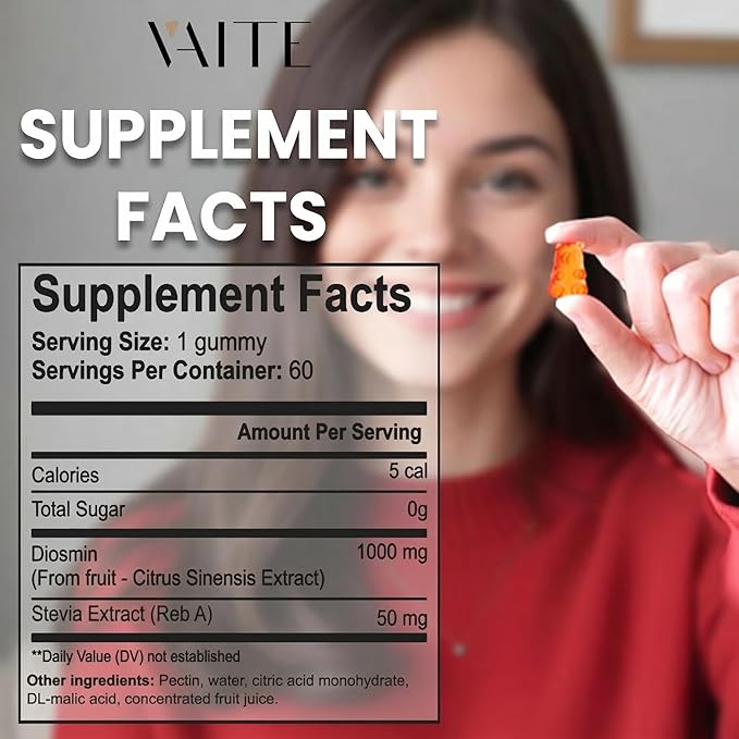 VAITE Diosmin 1000mg - Vein Support Supplements for Varicose Veins - Leg Health Supplement Formula Venous Optimizer Citrus Bioflavonoids Helps to Circulation for Legs Chews Gummy 60 Vegan Gummies