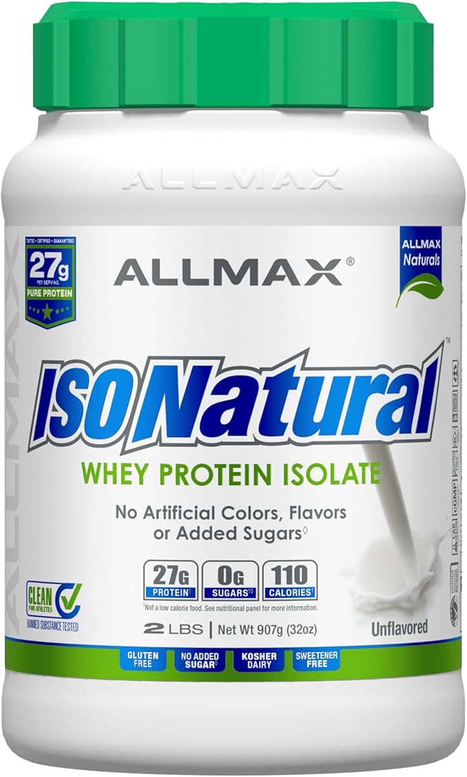 ALLMAX ISONATURAL Whey Protein Isolate Unflavored - 2 lb - 27 Grams of Protein Per Scoop - Zero Fat &amp Sugar - 99% Lactose Free - with Prebiotics - No Artificial Flavors - Approx. 31 Servings