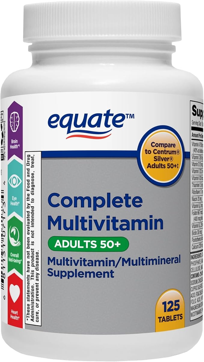 Equate Adult 50+ One Daily Complete Multivitamin/Multimineral Supplement 125 Tablets Comprehensive Multivitamin for Adults Over 50 + Createandbundle Sticker
