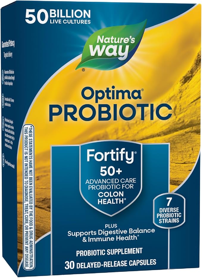 Nature's Way Fortify Optima Probiotic for Adults 50+ 50 Billion Live Cultures Supports Digestive Balance Colon &amp Immune Health* No Refrigeration Needed 30 Capsules (Packaging May Vary)