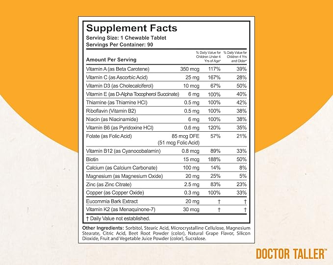 Doctor Taller Kids by NuBest - Support Healthy Growth of with Multivitamins and Multiminerals for Ages 2 to 9 Grape Flavor 180 Vegan Chewable Tablets | 3 Month Supply White