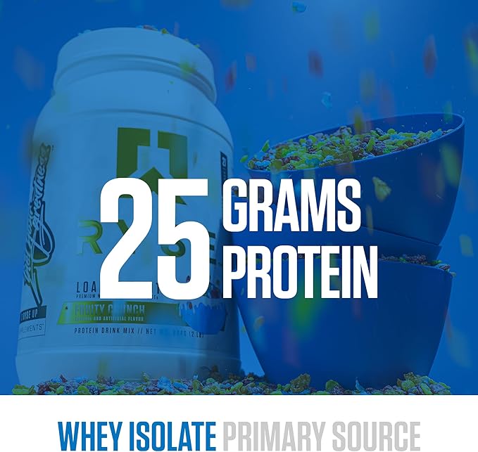 RYSE Loaded Protein Powder - Fruity Crunch - 25g Whey Protein Isolate &amp Concentrate with Prebiotic Fiber &amp MCTs - Low Carb Low Sugar Digestive-Friendly - 27 Servings / 2 lb Tub