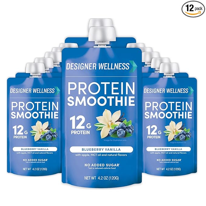Designer Wellness Protein Smoothie Real Fruit 12g Protein Low Carb Zero Added Sugar Gluten-Free Non-GMO No Artificial Colors or Flavors Blueberry Vanilla 12 Count
