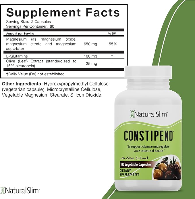NaturalSlim Constipation Relief Stool Softeners Constipend Colon Cleanser for Women &amp Men with Magnesium Citrate Aspartate &amp Olive Extract 120 Vegetable Capsules