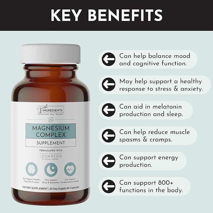 Just Ingredients Magnesium Complex - Five Bioavailable Forms for Relaxation Sleep Mood Support - 60 Capsules