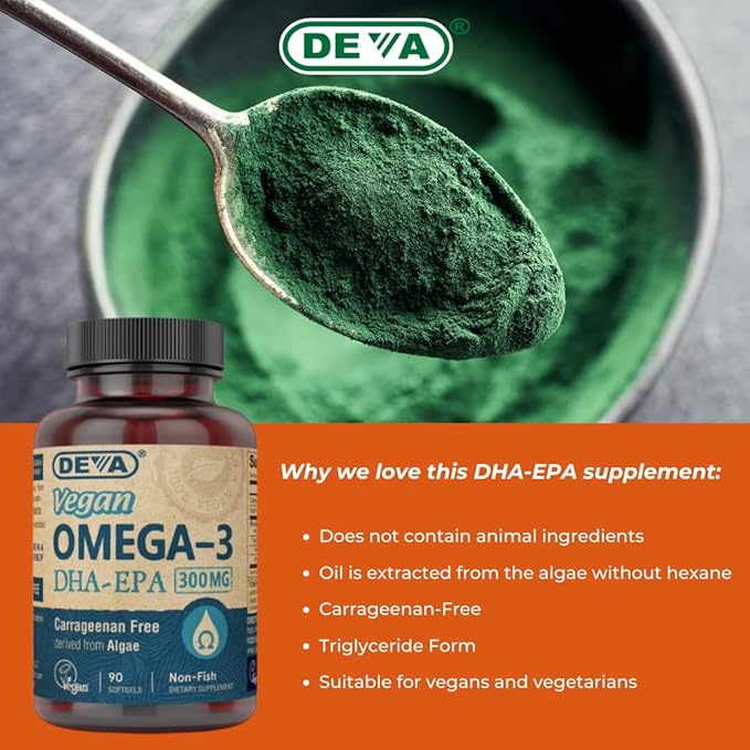 DEVA Vegan Omega-3 DHA EPA Supplement Once-Per-Day Softgel 300 MG - Carrageenan Gelatin &amp Gluten Free - Non-Fish Algae Oil Fatty Acids - 90 Softgels