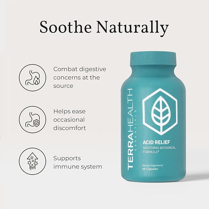 Terra Health Essentials Acid Relief - Plant Based Digestive Support Supplement for Comfortable Gut Function - Lemon Balm Slippery Elm Aloe Vera DGL Licorice - 60 Capsules