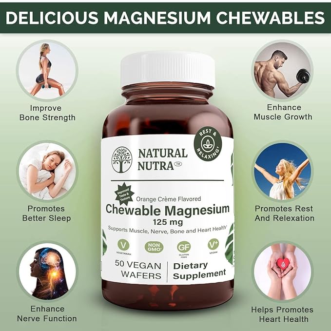 Natural Nutra Chewable Magnesium Supplement with Citrate and Chelate for Kids and Adults Promotes Better Sleep Best Pure Mag Chew for Muscle Nerve Bone and Heart Health 125mg 50 Vegan Wafers