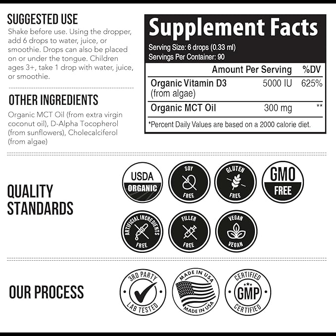 Plant-D3 Organic Vitamin D3 5000 IU - Vegan Max Strength Sublingual Liquid D3 Drops - 200% Higher Absorption - 100% Plant-Based Cholecalciferol Form - Adjustable Dosing for All Ages (1oz Liquid)