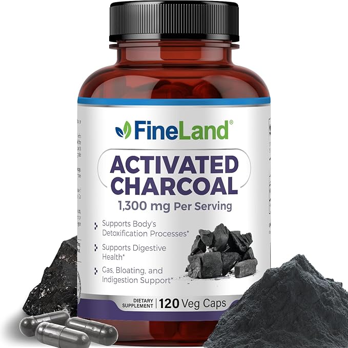 FineLand Activated Charcoal 1300mg - Advanced Digestive Detox Cleanse Helps with Gas and Bloating Circulation &amp Cholesteroal Support - Made in USA 120 Vegan Pills