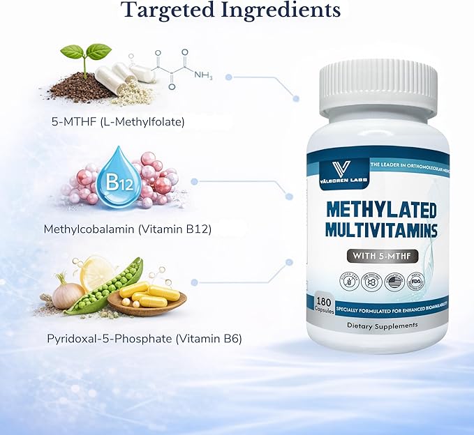 Methylated Multivitamin – Active Folate (5-MTHF) with Methyl B12 B2 B6 &amp B Vitamins – Supports Methylation &amp Healthy Homocysteine Levels – Bioavailable Formula for Men &amp Women – 180 Day