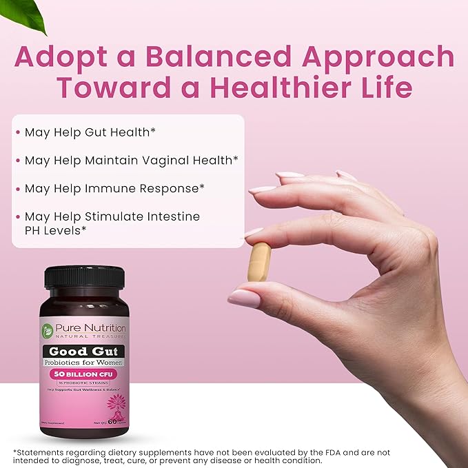 Pure Nutrition Good Gut Women's Probiotics 50 Billion CFU 16 Strains | 60 Caps | Probiotics for Women with Organic Prebiotic Blend | Once Daily | Non GMO | Gluten Free