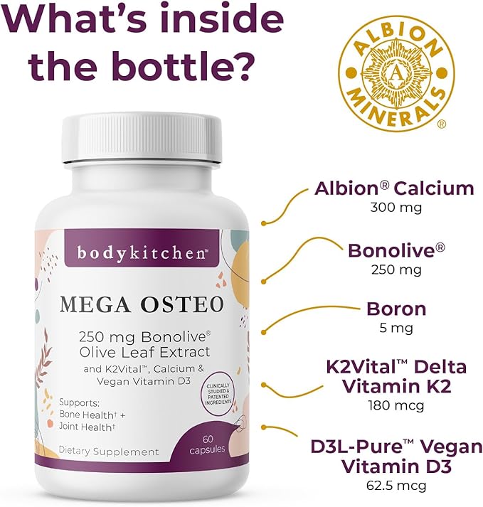 Body Kitchen Mega Osteo Vegan Bone &amp Joint Support Supplement with Bonolive K2VITAL MK-7 Vegan Vitamin D3 &amp Albion Calcium 60 Vegetable Capsules
