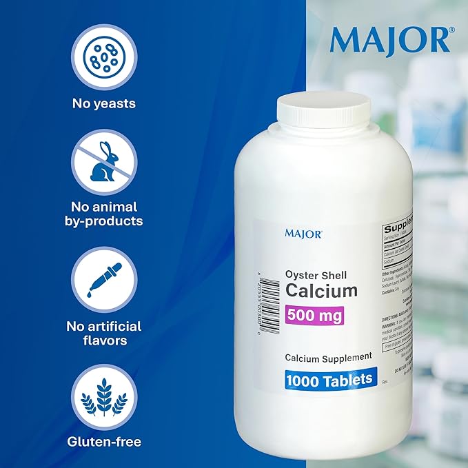 MAJOR Oyster Shell Calcium 500mg - Daily Dietary Supplement for Bone Health and Joint Support Mineral Supplement for Men and Women Gluten-Free - 1000 Tablets (4 Pack)