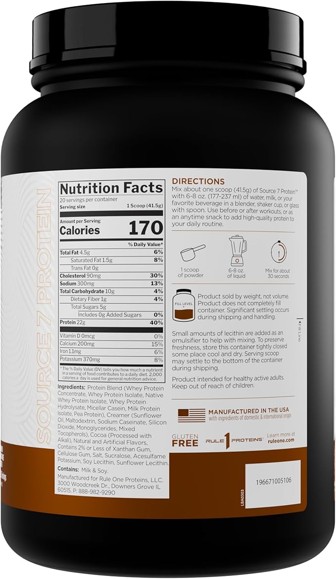 Rule 1 Source 7 Protein – Decadent Flavor Velvety Smooth Texture 22g Anytime Protein and 10g Naturally Occurring EAAs Per Serving from 7 Premium Sources (1.8 Pounds* Chocolate Peanut Butter)