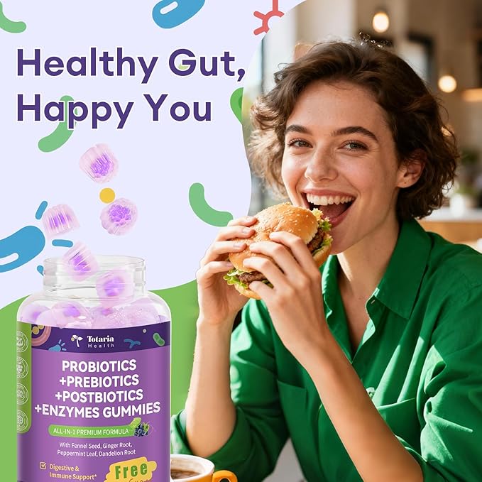 Sugar Free 5-in-1 Probiotic Prebiotic Postbiotic Gummy 36 Strains Probiotics for Women Men with Digestive Enzymes Peppermint Complete Immune Gut &amp Digestive Support Vegan 60 Ct Grape Flavor