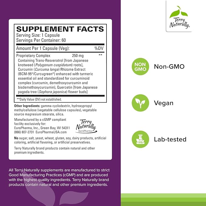 Terry Naturally Resveratrol Complex - Antioxidant Supplement with Quercetin &amp Curcumin - Supports Brain Heart &amp Immune Health - Vegan Non-GMO &amp Gluten-Free - 60 Capsules (60 Servings)