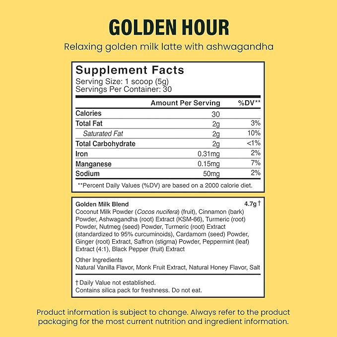 LIVE IT UP | Golden Hour: Relaxing Golden Milk Latte Powder with Ashwagandha Ginger Turmeric and Coconut | Supports Stress Relief and Sleep | Gluten-Free No GMOs Dairy-Free and Plant-Based