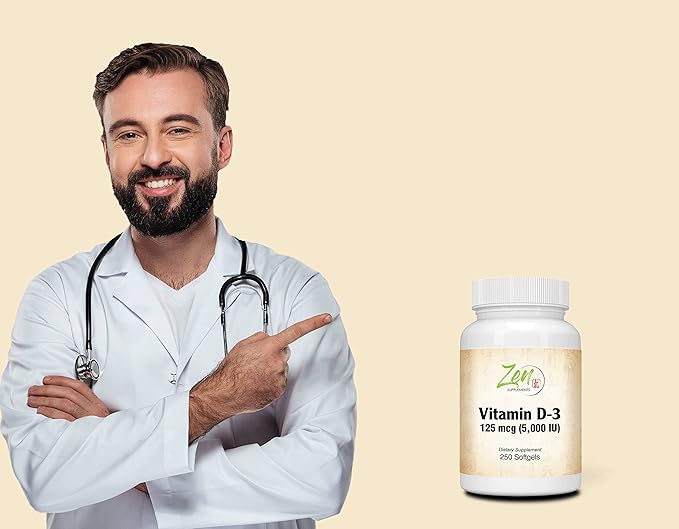 Zen Supplements - Vitamin D-3 5000 IU 250-Softgel - Supports Healthy Muscle Function Bone Health &amp Immune Support