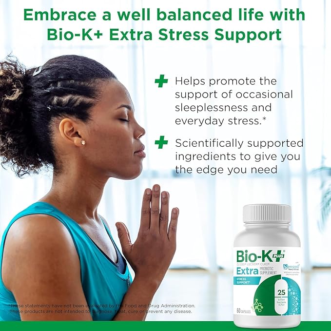 Bio-K+ Probiotic for Stress Support with Sensoril® Ashwagandha Daily Probiotic Supplement to Support Stress &amp Sleep 25 Billion CFU Vegan Shelf-Stable – 60 Capsules