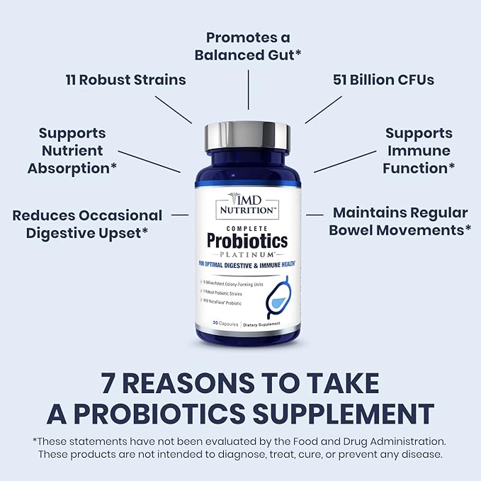 1MD Complete Probiotics Platinum | Supports Digestive Health | with Nourishing Prebiotics 51 Billion Live CFU 11 Strains Dairy-Free | 30 Vegetable Capsules (2-Pack)