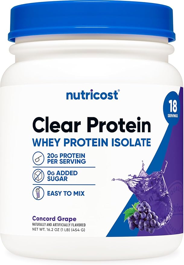 Nutricost Clear Whey Protein Isolate Powder (Concord Grape) 1 LB - 20g of Protein 0g Added Sugar GMO-Free Gluten-Free