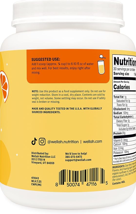 Wellah Clear Whey Protein Isolate Powder (Mango Clementine) 30 Servings - 20g of Protein 90 Calories Sweetened with Stevia