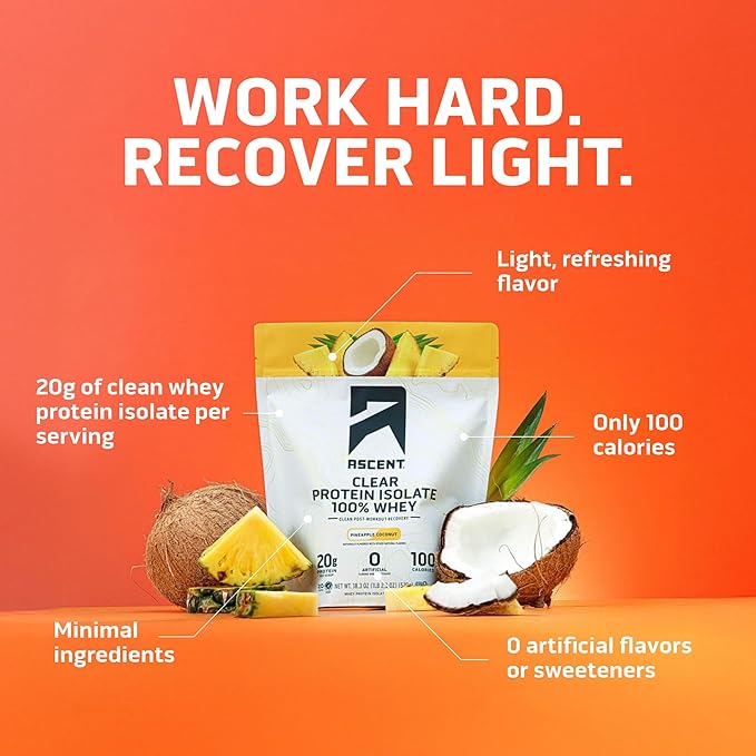 Ascent 100% Clear Whey Protein Powder - Post Workout Whey Protein Isolate Zero Artificial Flavors &amp Sweeteners Gluten Free 5.5g BCAA 2.1g Leucine Essential Amino Acids Pineapple Coconut 20