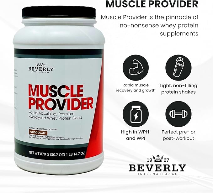 Beverly International Muscle Provider 28 Servings Chocolate. Super-Fast-Absorbing Whey Protein Powder for Recovery Lean Muscle. Fills Your Muscles not Your Stomach. Tastes Like ice Cream