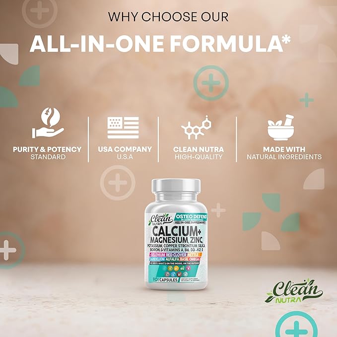 Allin1 Calcium Magnesium Zinc Supplement with Potassium Copper Strontium Silica Vitamin D3 K2 Boron Vitamin B1 B12 Red Clover Herb Alfalfa Basil Pills for Men &amp Women Clean Nutra Osteo Defen