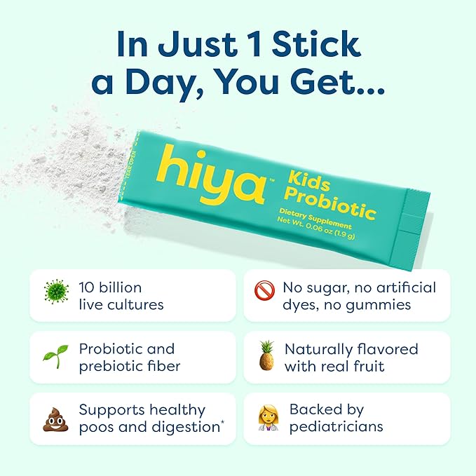 Hiya Kids Probiotic – 10 Billion CFU with Clinically-Studied Strains for Ages 2+ Supports Gut Health &amp Immune 0g Sugar – 20 Stick Packs for Toddlers &amp Kids
