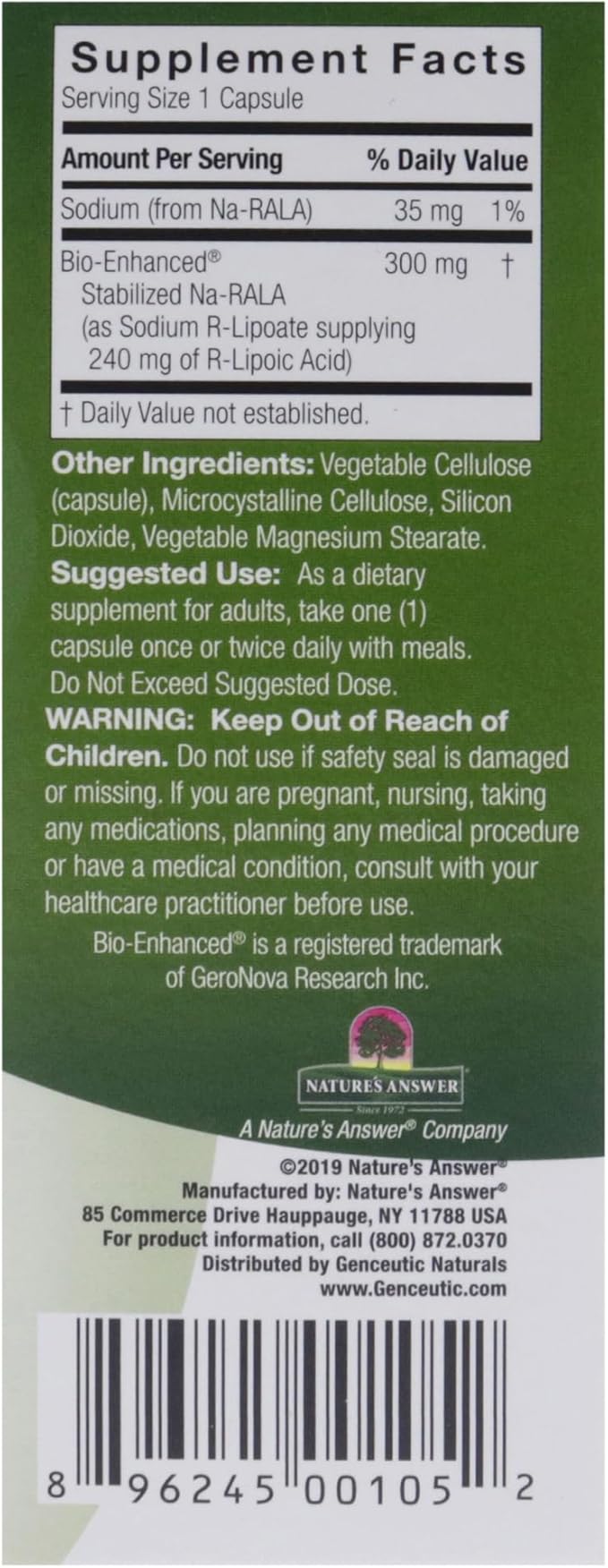 Genceutic Naturals R-Lipoic Acid Dietary Supplement | Vegetarian | Vegan | Gluten Free | Non GMO | 300mg (60 Capsules) | Single Count