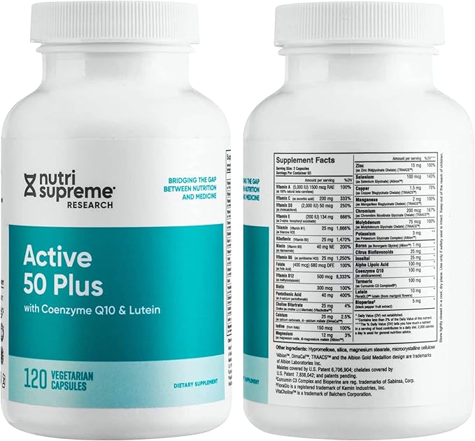 Nutri Supreme Active 50 Plus CoQ10 Lutein ALA and Turmeric Advanced Formula for Healthy Aging and Vitality 120 Vegetable Capsules
