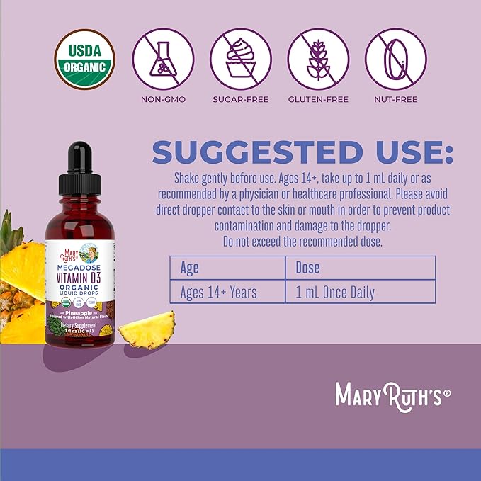 MaryRuth Organics Vitamin D3 Liquid Drops | Megadose 4000 IU | USDA Organic Liquid Vitamin D Spray for Adults &amp Kids | Immune Support &amp Bone Health | Vegan | Gluten Free | Non-GMO | 30 Serving