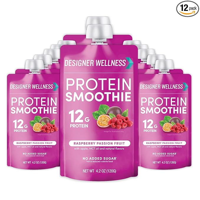 Designer Wellness Protein Smoothie Real Fruit 12g Protein Low Carb Zero Added Sugar Gluten-Free Non-GMO No Artificial Colors or Flavors Raspberry Passion Fruit 12 Count