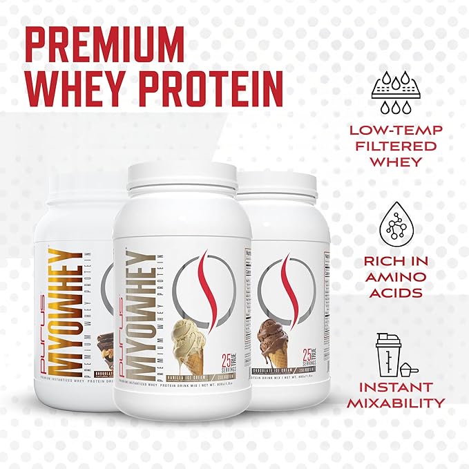 Purus Labs MyoWhey Premium Whey Protein | Instantized Whey Mixes Easily | Rich in BCAAs | 25g Protein | Keto Friendly | 25 Servings (Vanilla Ice Cream)