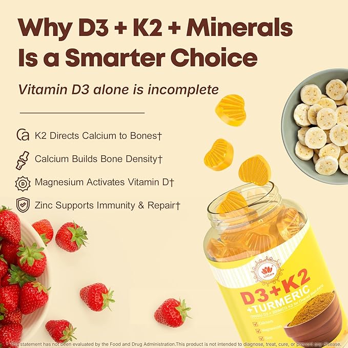 Vitamin D3 K2 Gummies &amp Turmeric for Women &amp Men Vitamin D3 5000IU / 10000IU K2 (MK-7) 200mcg Supplements with Turmeric 1200mg Calcium Magnesium Zinc Supports Bone Teeth Energy &amp I