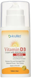 ANUMED - Vitamin D3 10000 IU Cream with Magnesium + Hyaluronic Acid + Vitamin E for Beautiful and Healthy Skin Care. Promotes Stronger Bones Muscles Joints Heart Immune System Non-Greasy (3oz)