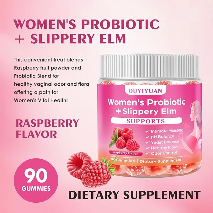 Women's Probiotic Gummies pH Balance &amp Gut Flora Natural Raspberry Flavor Vegan &amp Non-GMO 90 Gummies