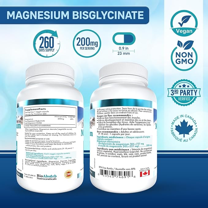 Bio Absorb Magnesium Glycinate/Bisglycinate Supplement. 200mg of Chelated Elemental Magnesium. 260 Vegan Capsules (260-Day Supply)