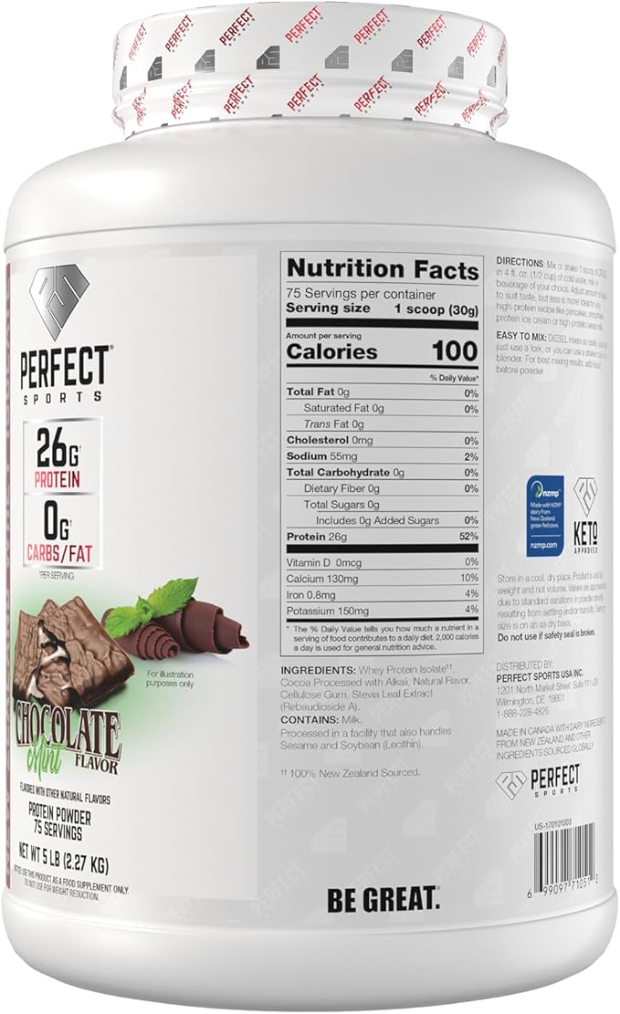 PERFECT SPORTS Diesel 100% New Zealand Whey Protein Isolate | Stevia Sweetened No Artificial Ingredients Keto | 0g Carb 0g Fat 26g Protein | 5 Pounds (Chocolate Mint)