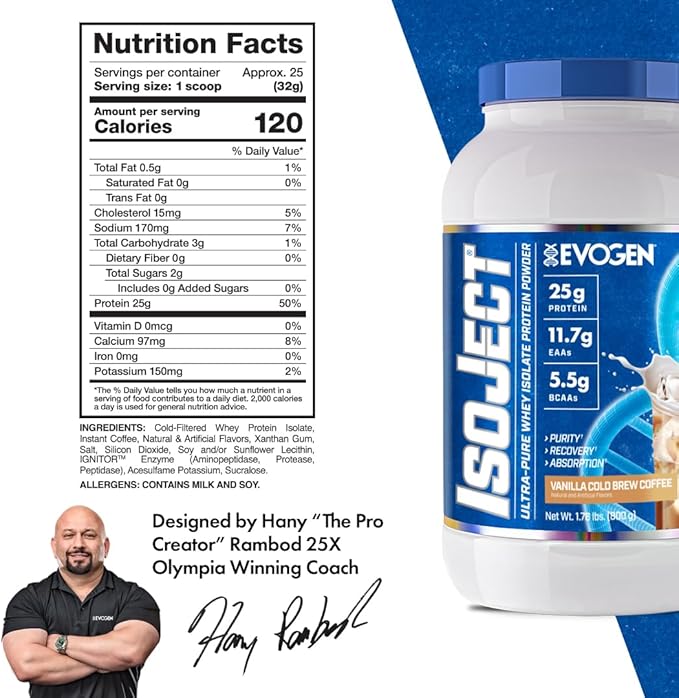 Evogen Isoject - Whey Protein Isolate | Ultra-Pure Whey Protein Powder with Ignitor Enzymes BCAAs and EAAs | Enhanced Absorption &amp Recovery | Vanilla Cold Brew Coffee | 25 Servings