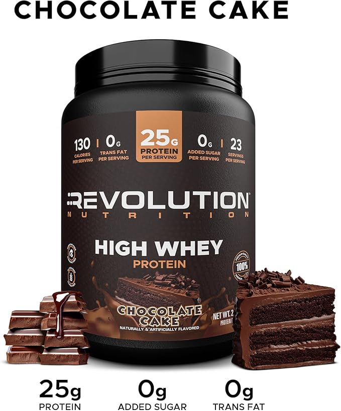 Revolution Nutrition High Whey Protein Powder 2LB Whey Isolate Gluten Free Lean Muscle Mass for Men &amp Women 25g of Protein Per Scoop 908 g 24 Servings (Chocolate Cake 2 Pound)